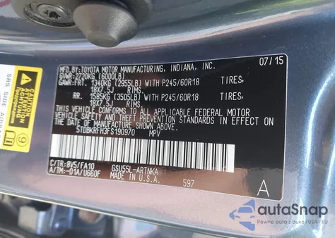 2015 Toyota Highlander Le Plus V6 from USA, damaged, VIN 5TDBKRFH3FS190970